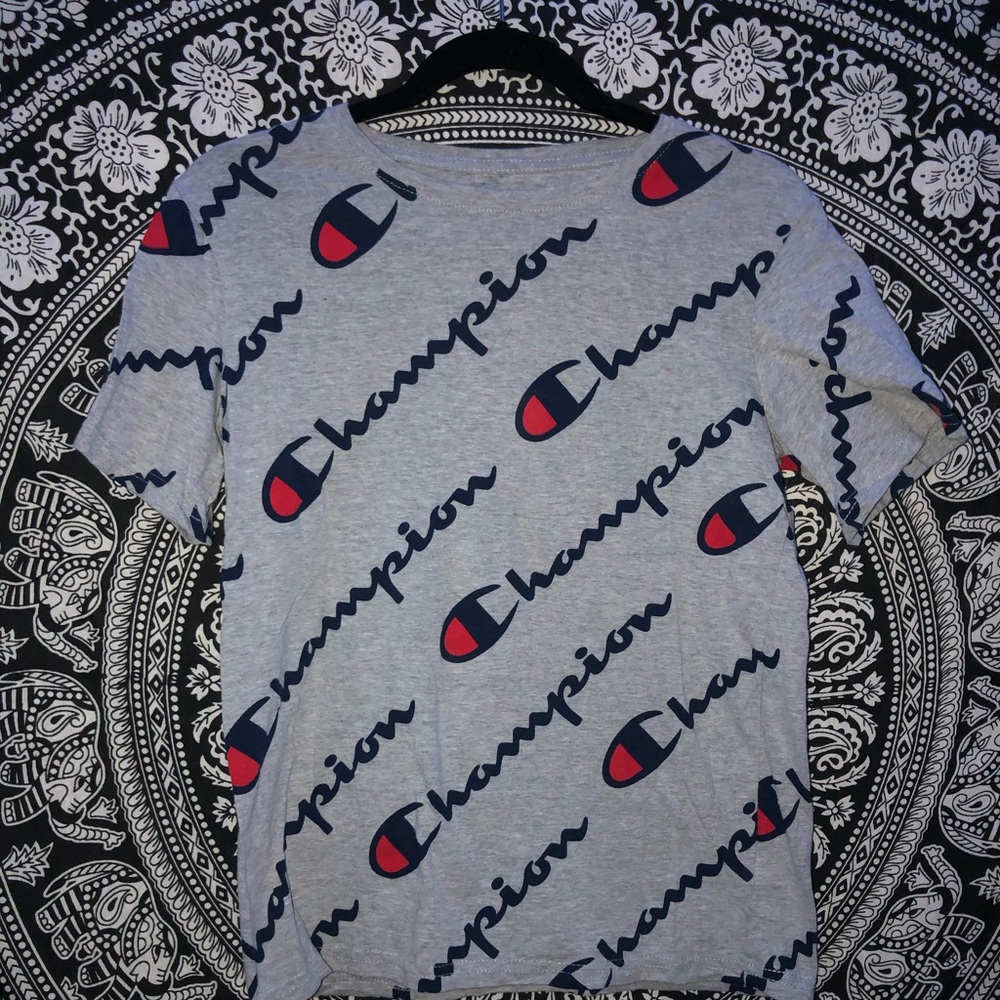 Grey red and blue champion shirt